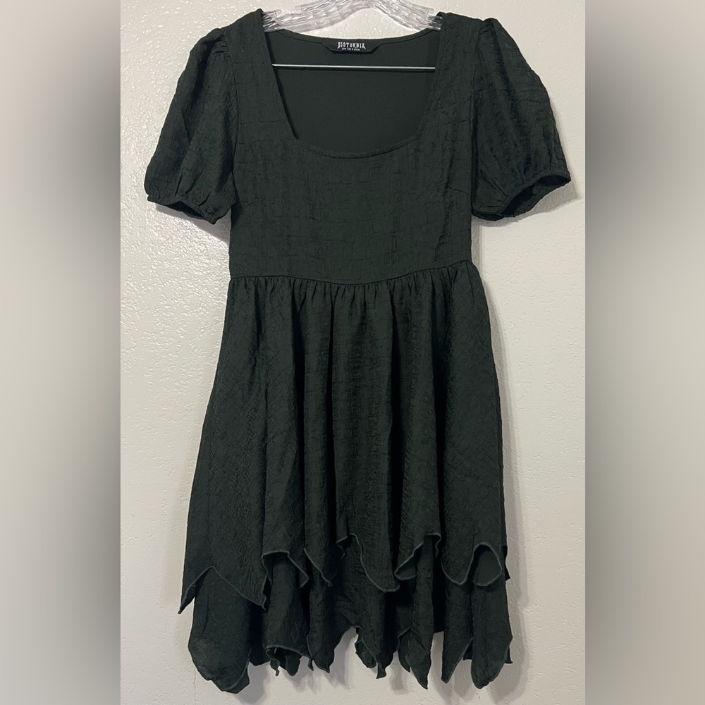 Disturbia Goth Cottagecore Square Neck Puff Sleeve Dress Handkerchief Hem